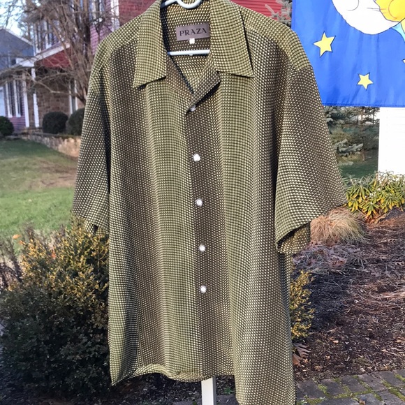 Praza Camp Collar Green w/ Geo Pattern, Button Short Sleeve Shirt,  Mens Large - Picture 1 of 6